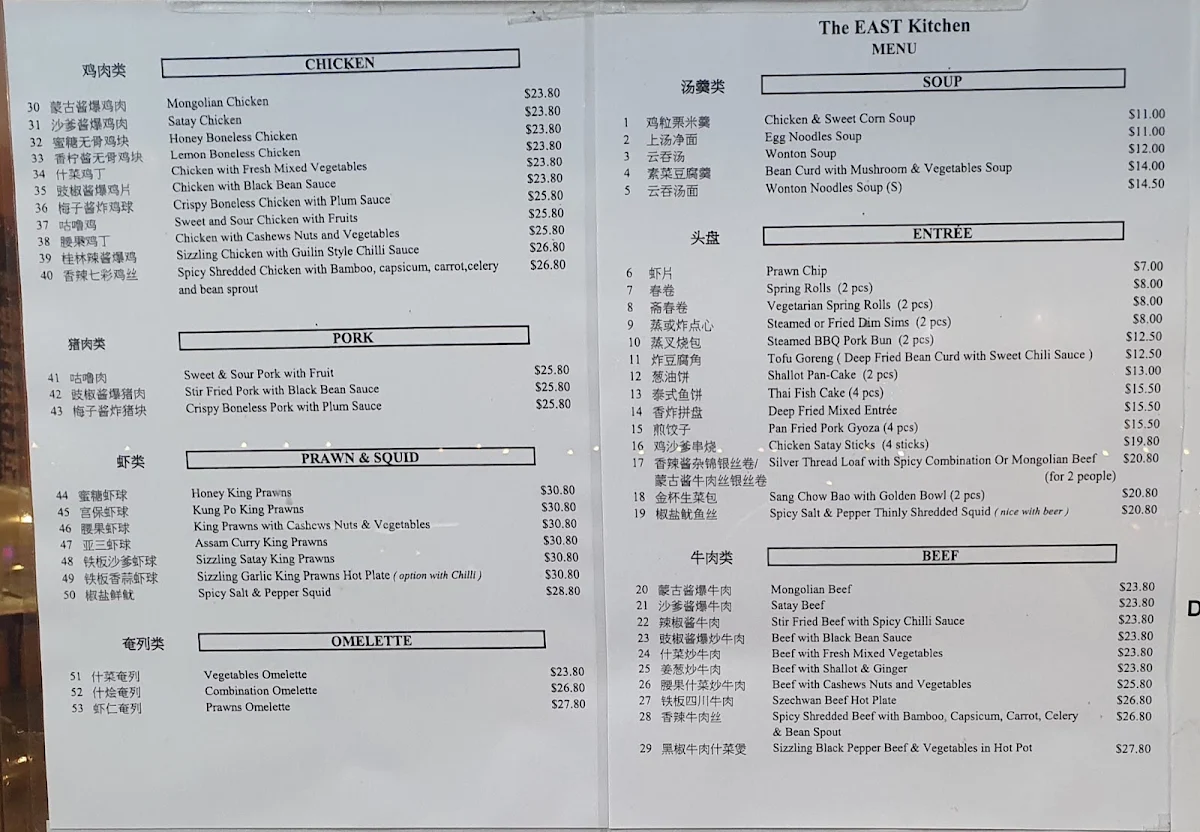 Menu, The East Kitchen