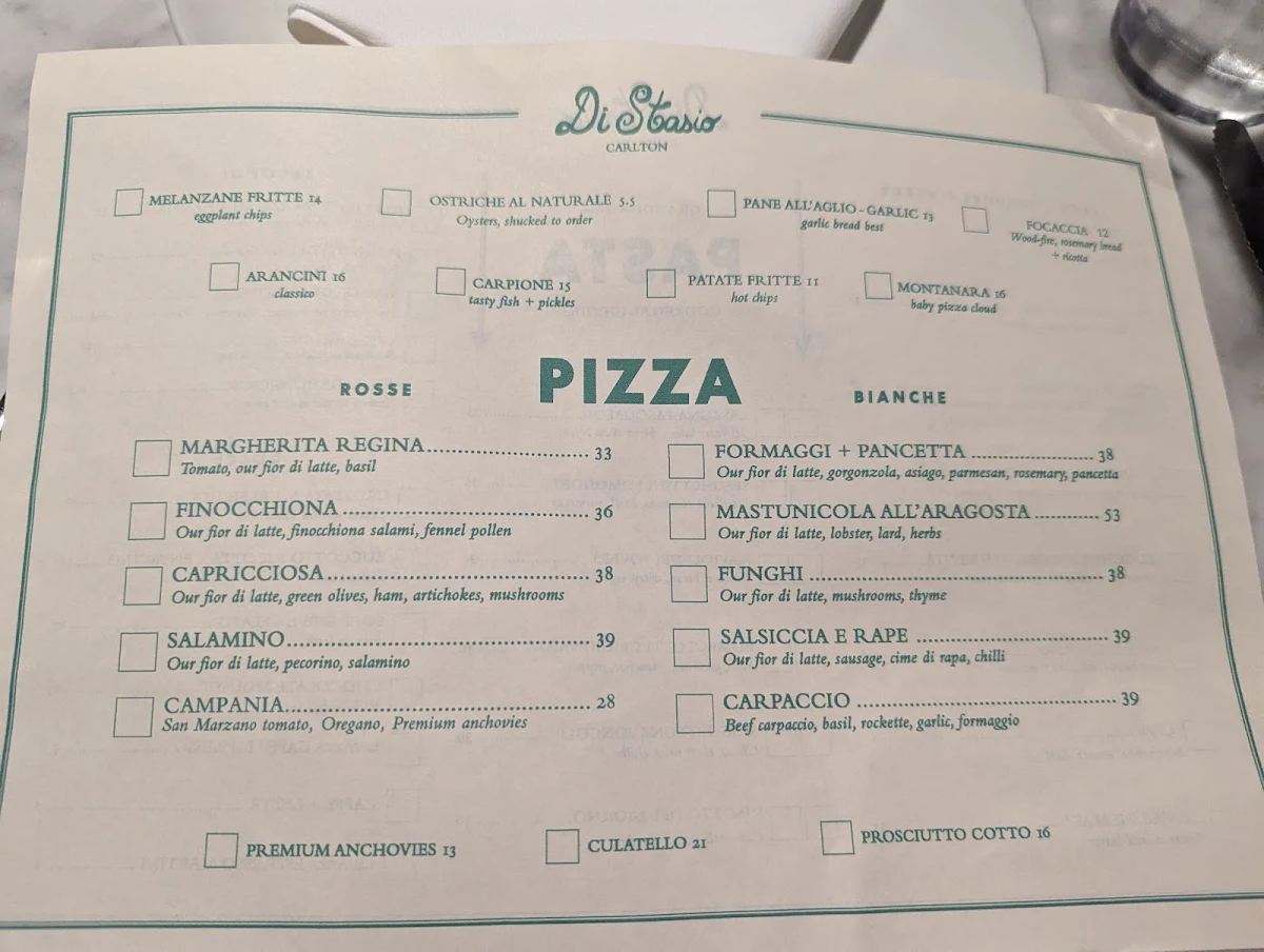 Menu, Di Stasio Carlton