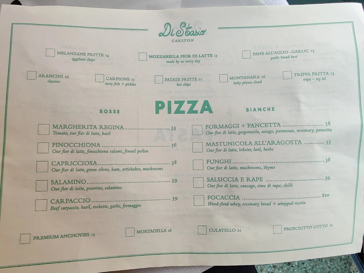 Menu, Di Stasio Carlton