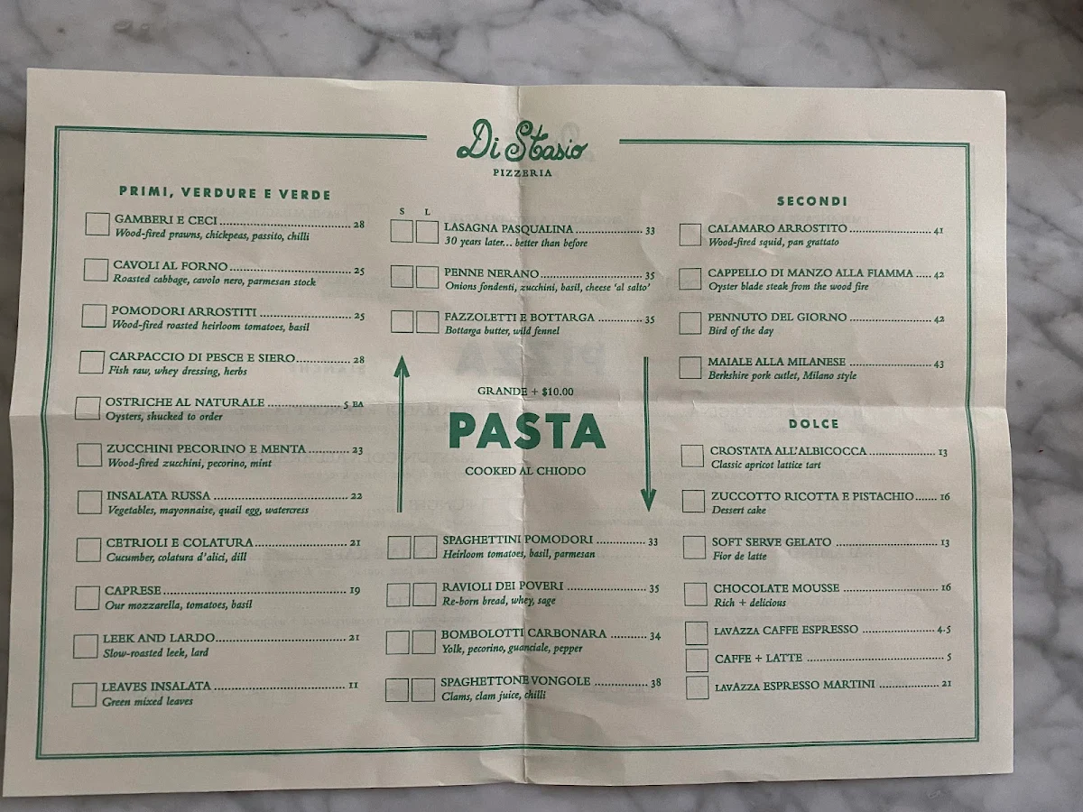Menu, Di Stasio Carlton