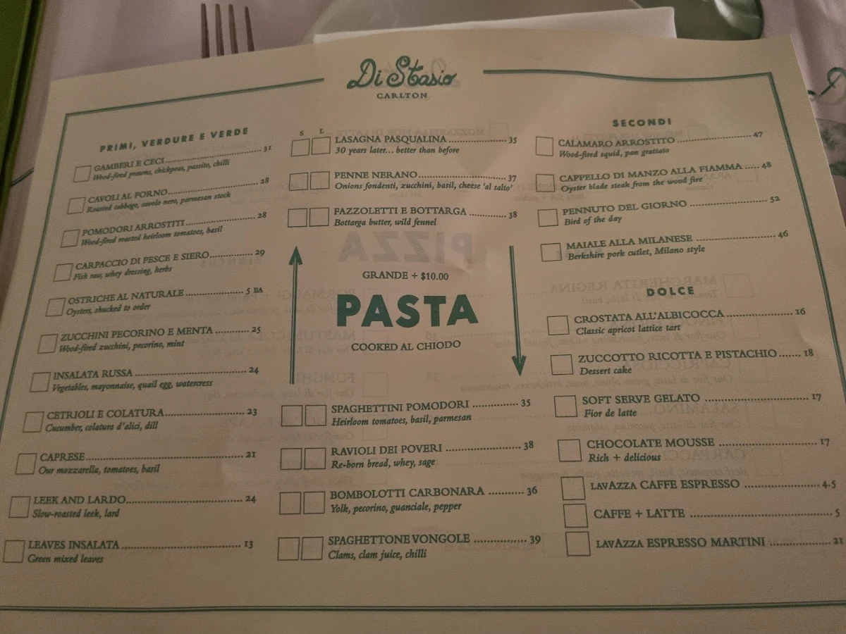 Menu, Di Stasio Carlton
