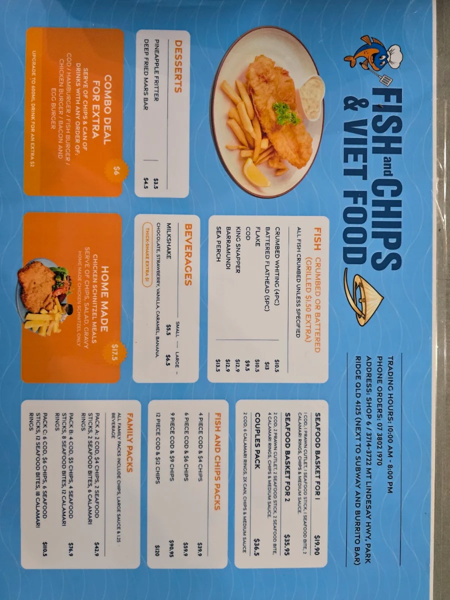 Menu, Fish And Chips Cafe