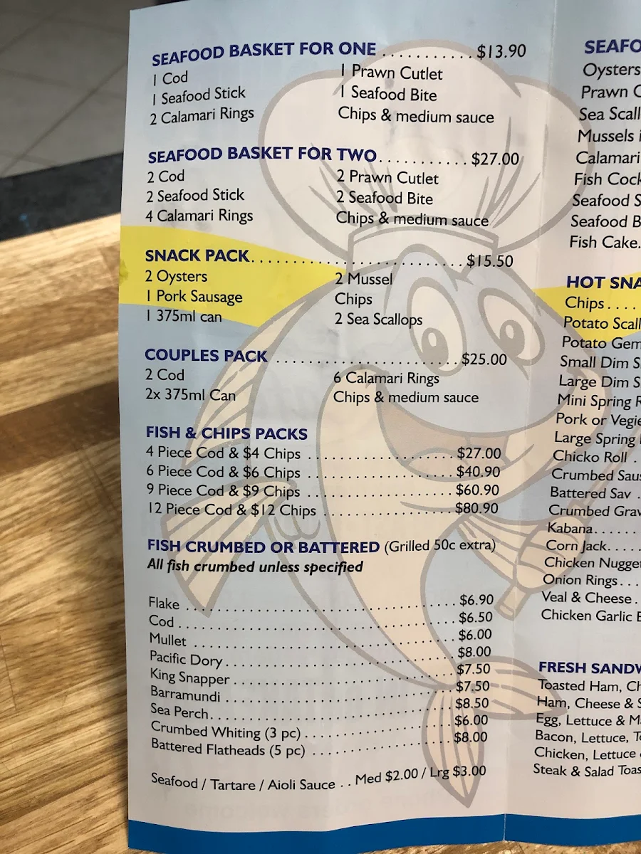 Menu, Fish And Chips Cafe