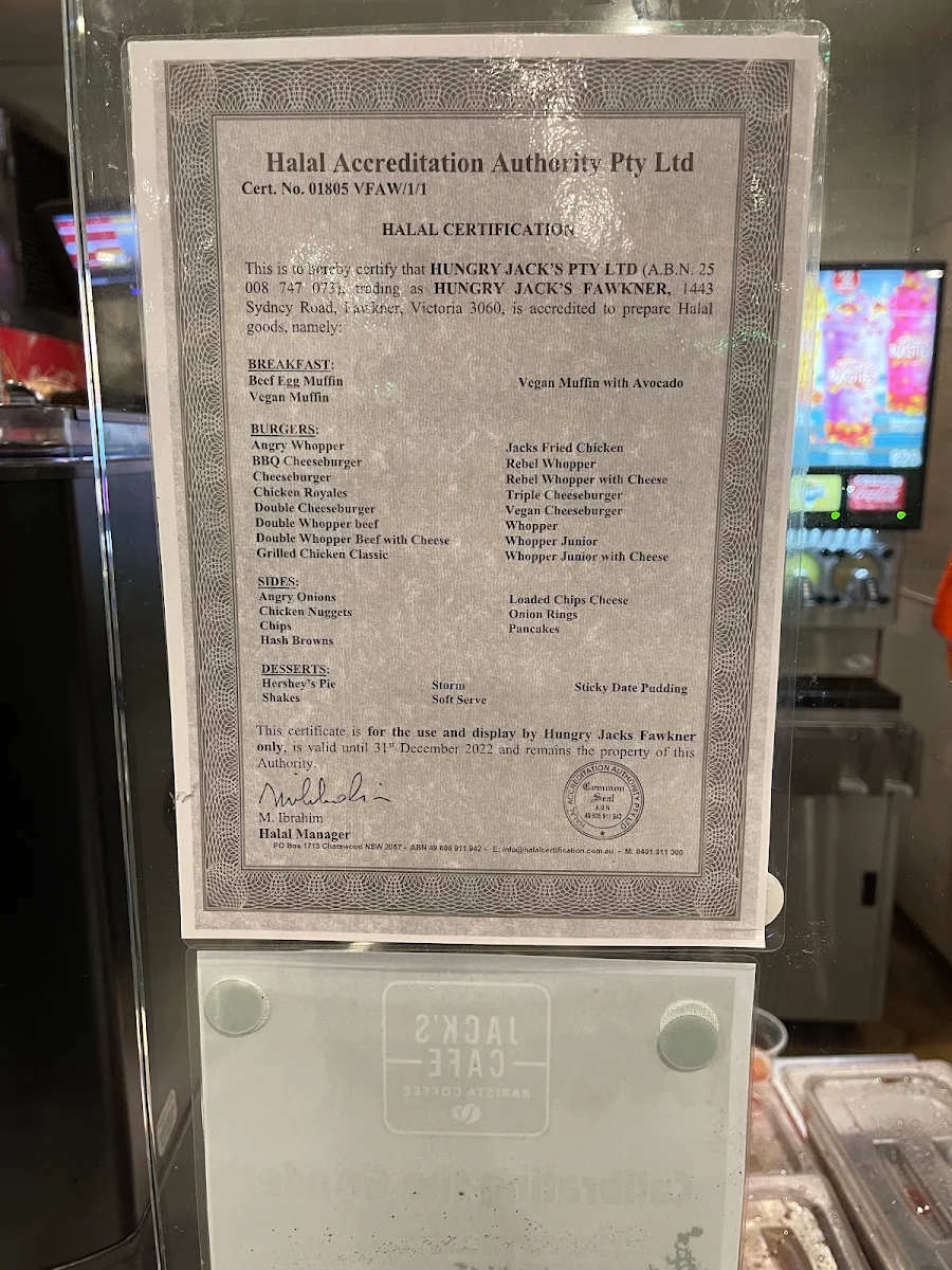 Menu, Hungry Jack's Burgers Fawkner