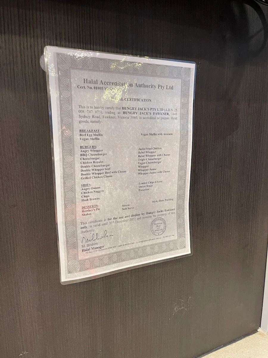 Menu, Hungry Jack's Burgers Fawkner