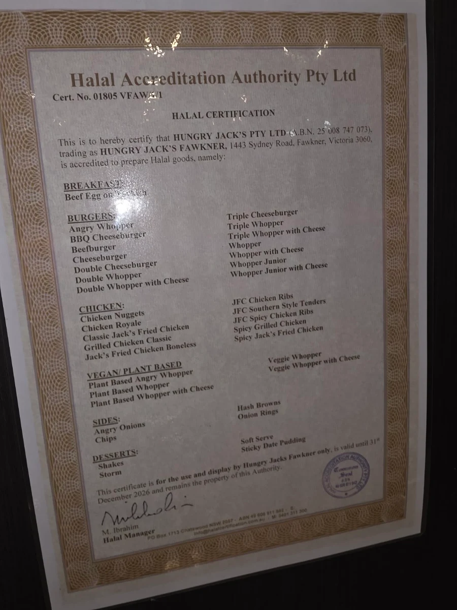Menu, Hungry Jack's Burgers Fawkner