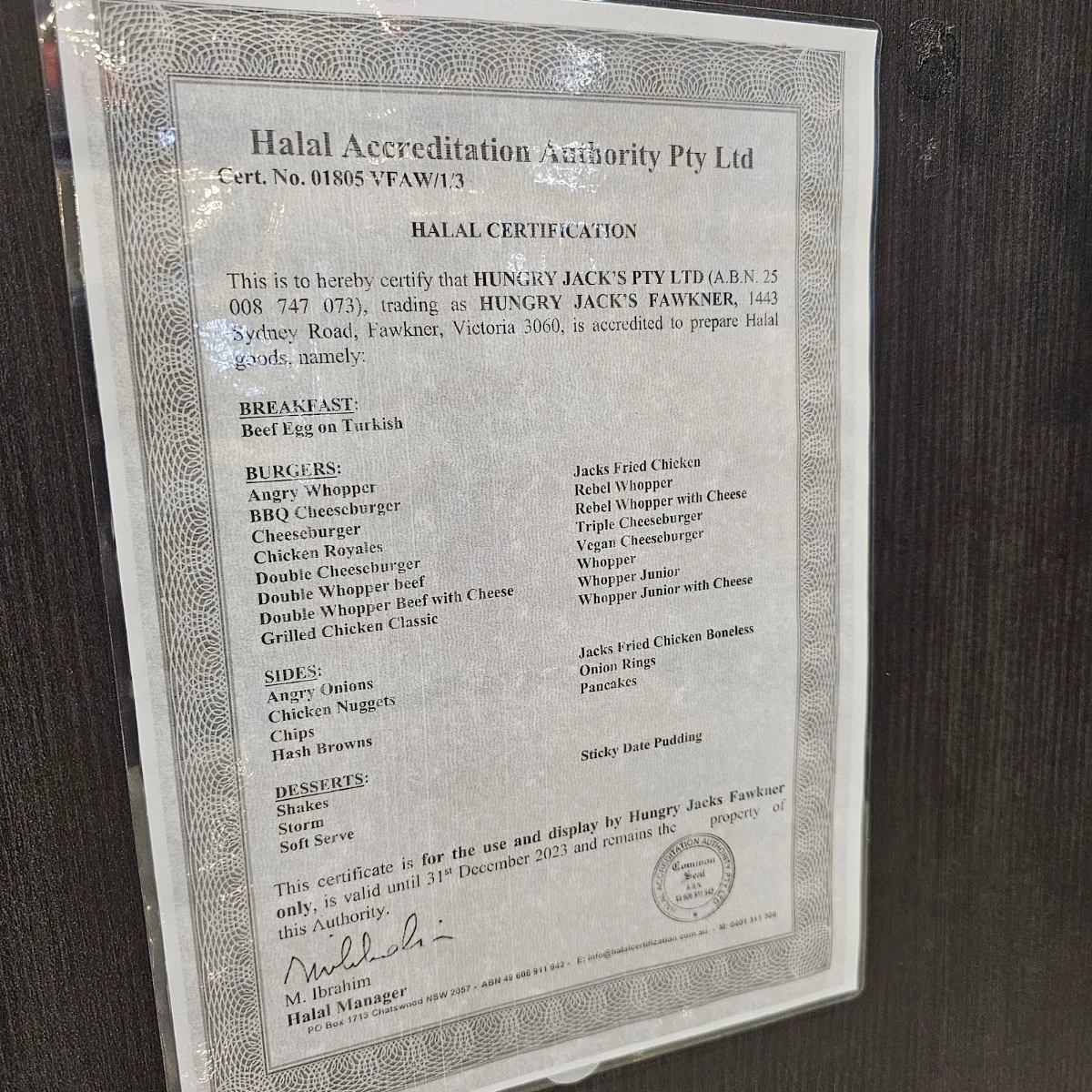 Menu, Hungry Jack's Burgers Fawkner