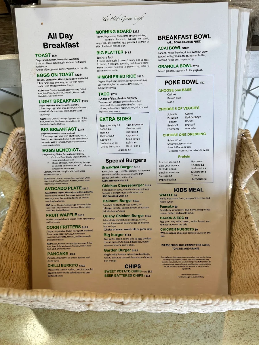 Menu, The Hide Green Cafe