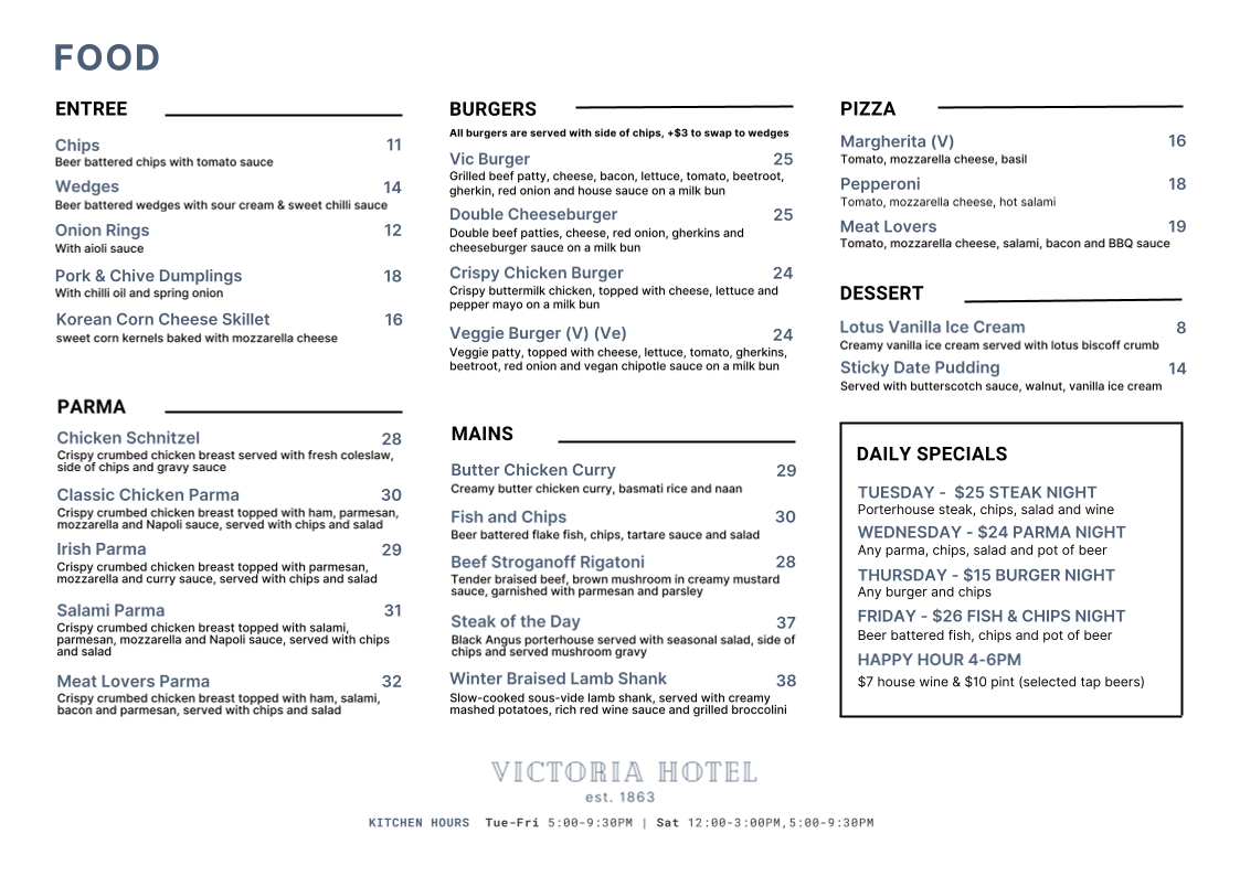 Menu, Victoria Hotel Est. 1863