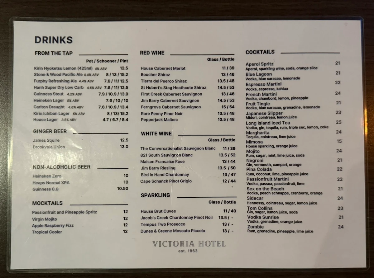 Menu, Victoria Hotel Est. 1863