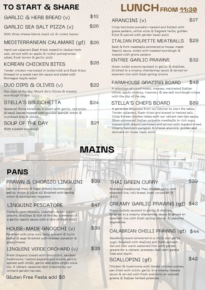 Menu, Stella's Kitchen