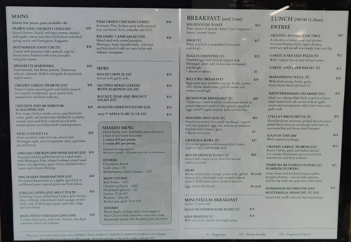 Menu, Stella's Kitchen