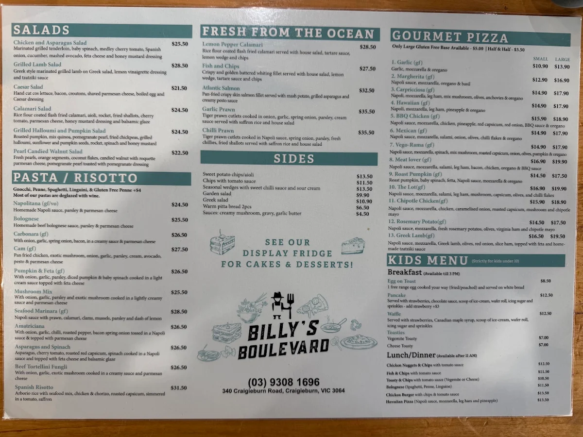 Menu, Billy's Boulevard
