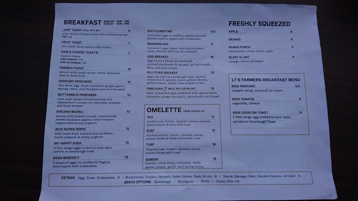 Menu, Billy's Boulevard