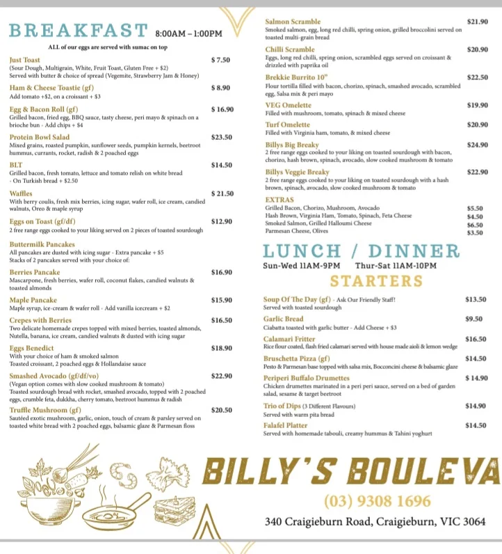 Menu, Billy's Boulevard