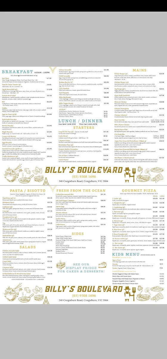 Menu, Billy's Boulevard