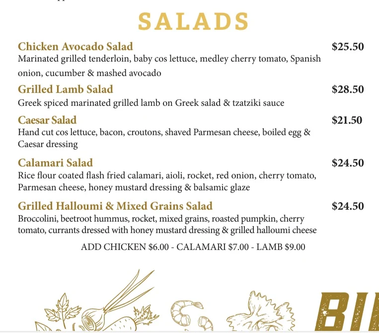 Menu, Billy's Boulevard