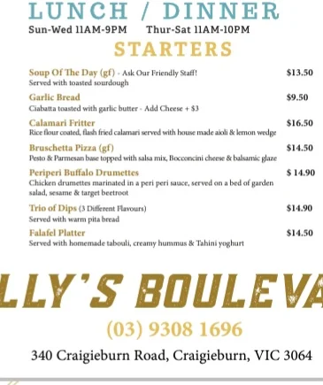 Menu, Billy's Boulevard