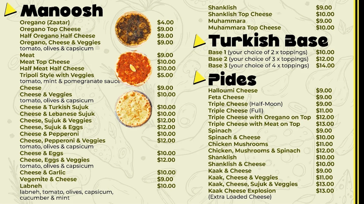 Menu, Ryan’s Manoosh & Pizza