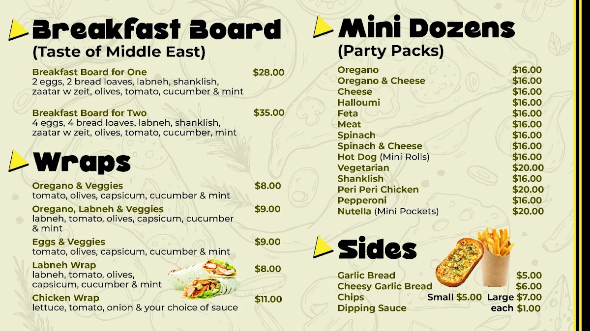 Menu, Ryan’s Manoosh & Pizza