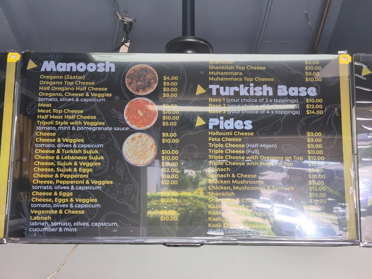 Menu, Ryan’s Manoosh & Pizza