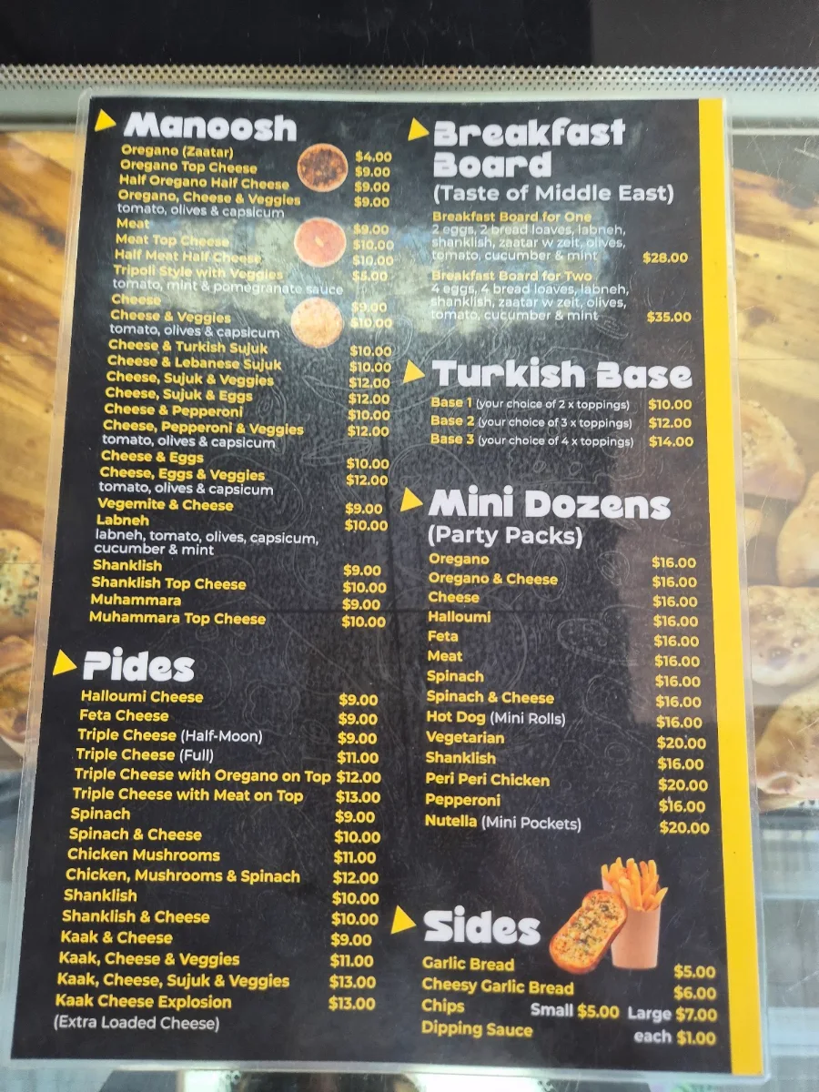 Menu, Ryan’s Manoosh & Pizza