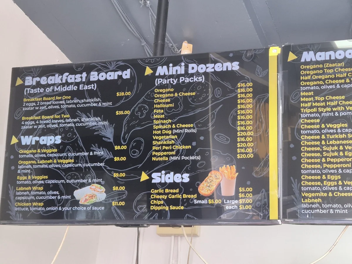Menu, Ryan’s Manoosh & Pizza