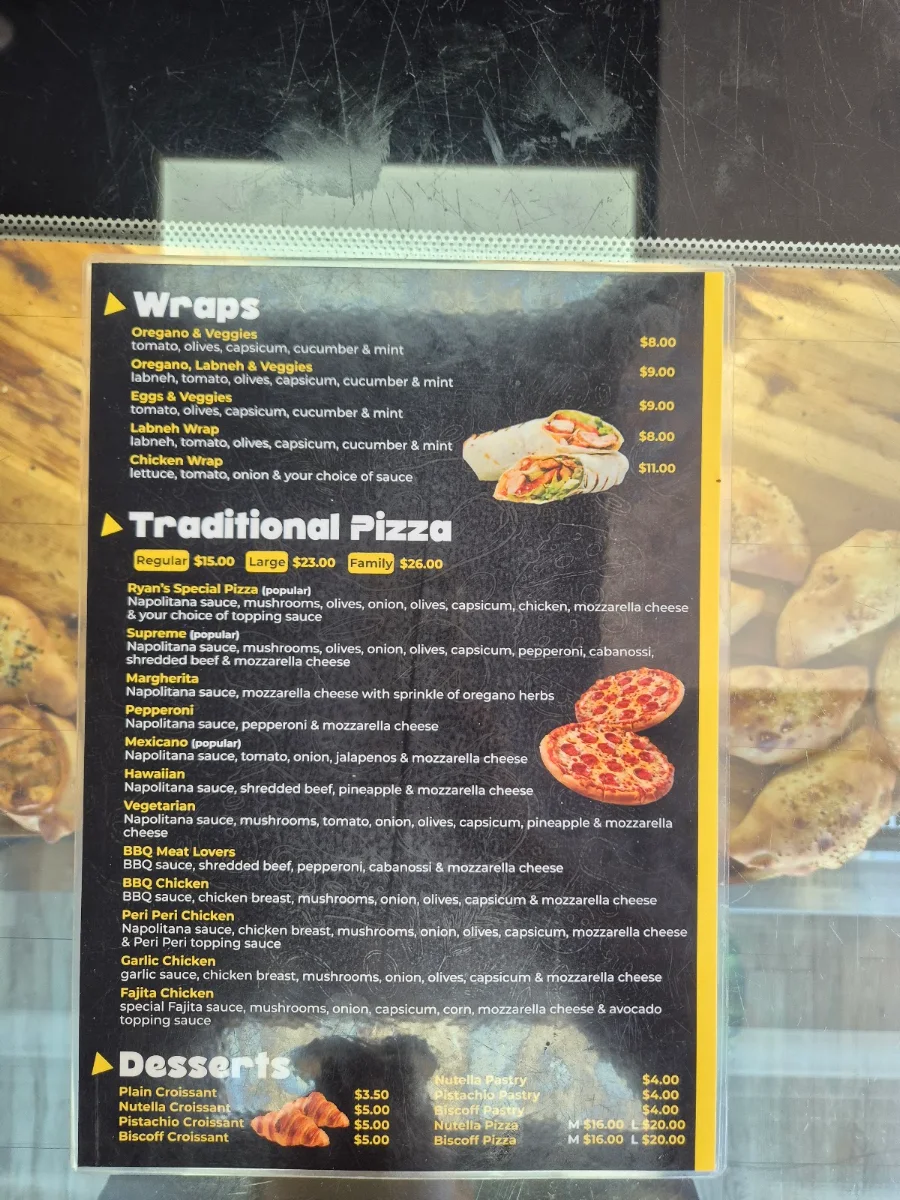 Menu, Ryan’s Manoosh & Pizza