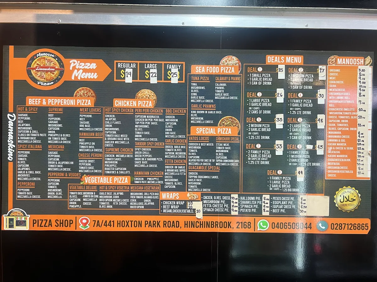 Menu, Ryan’s Manoosh & Pizza