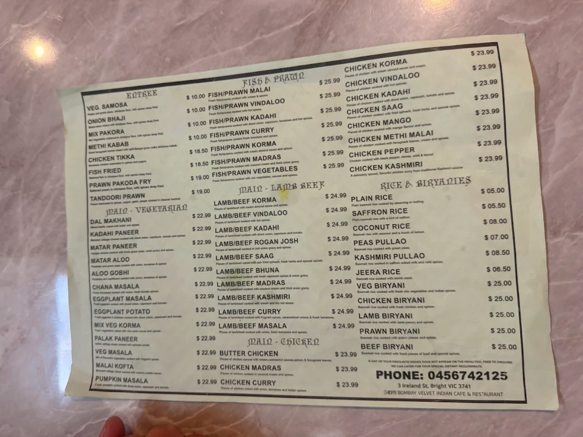 Menu, Bombay velvet cafe and restaurant