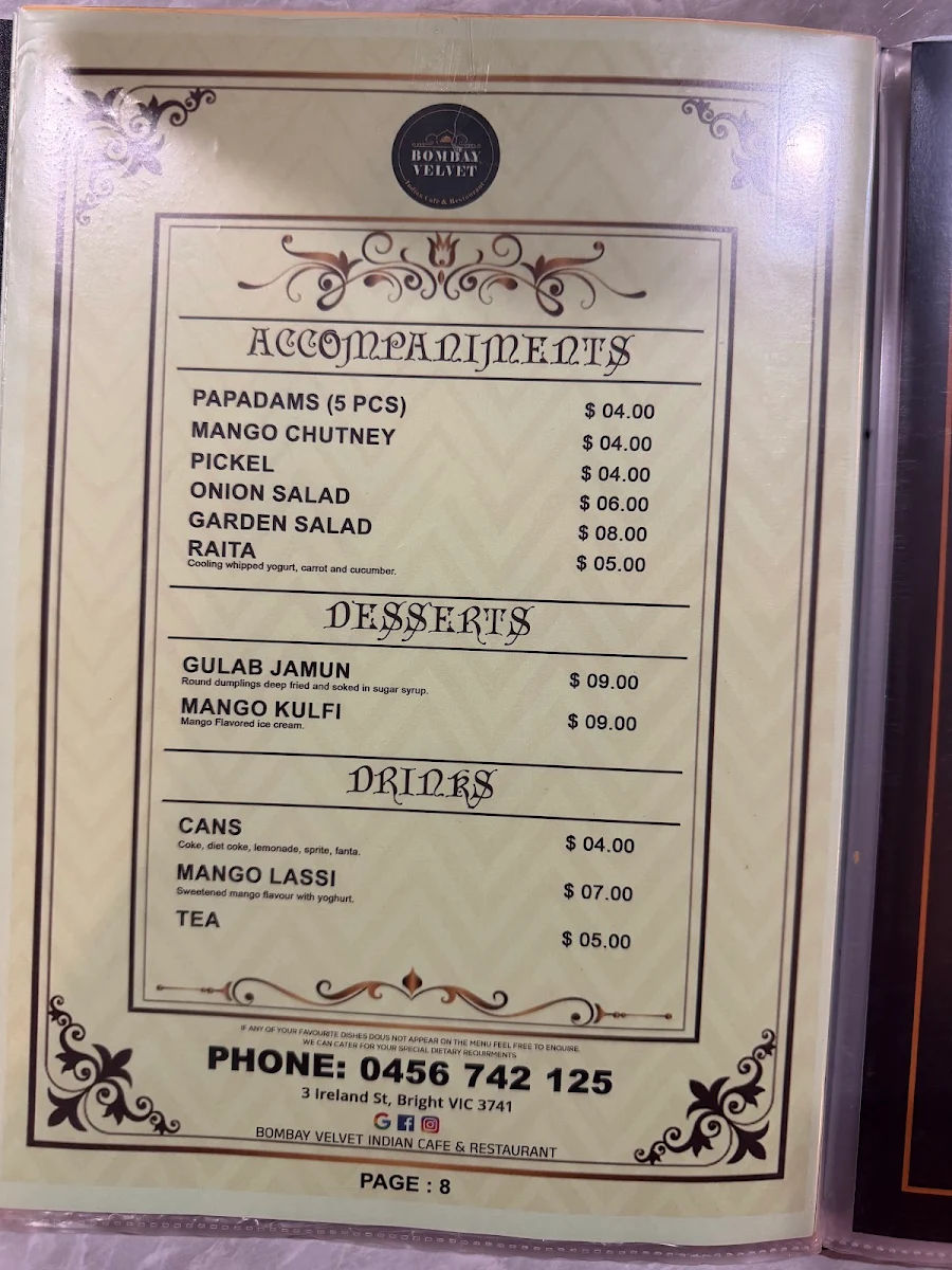 Menu, Bombay velvet cafe and restaurant