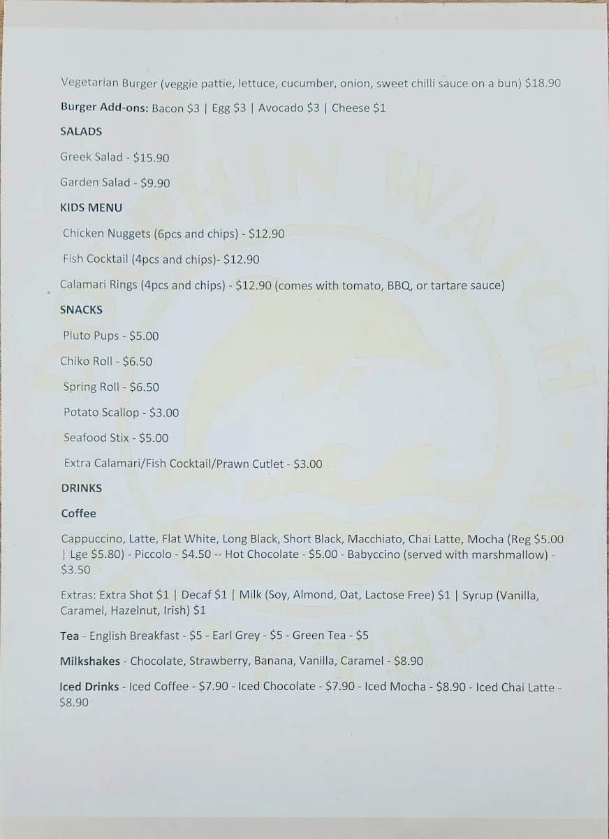 Menu, Dolphin Watch Cafe