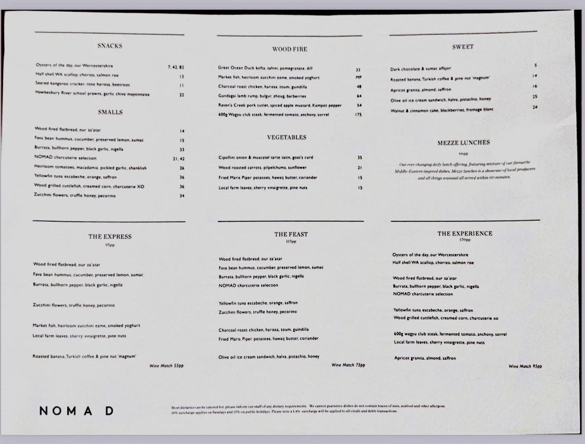 Menu, NOMAD Melbourne