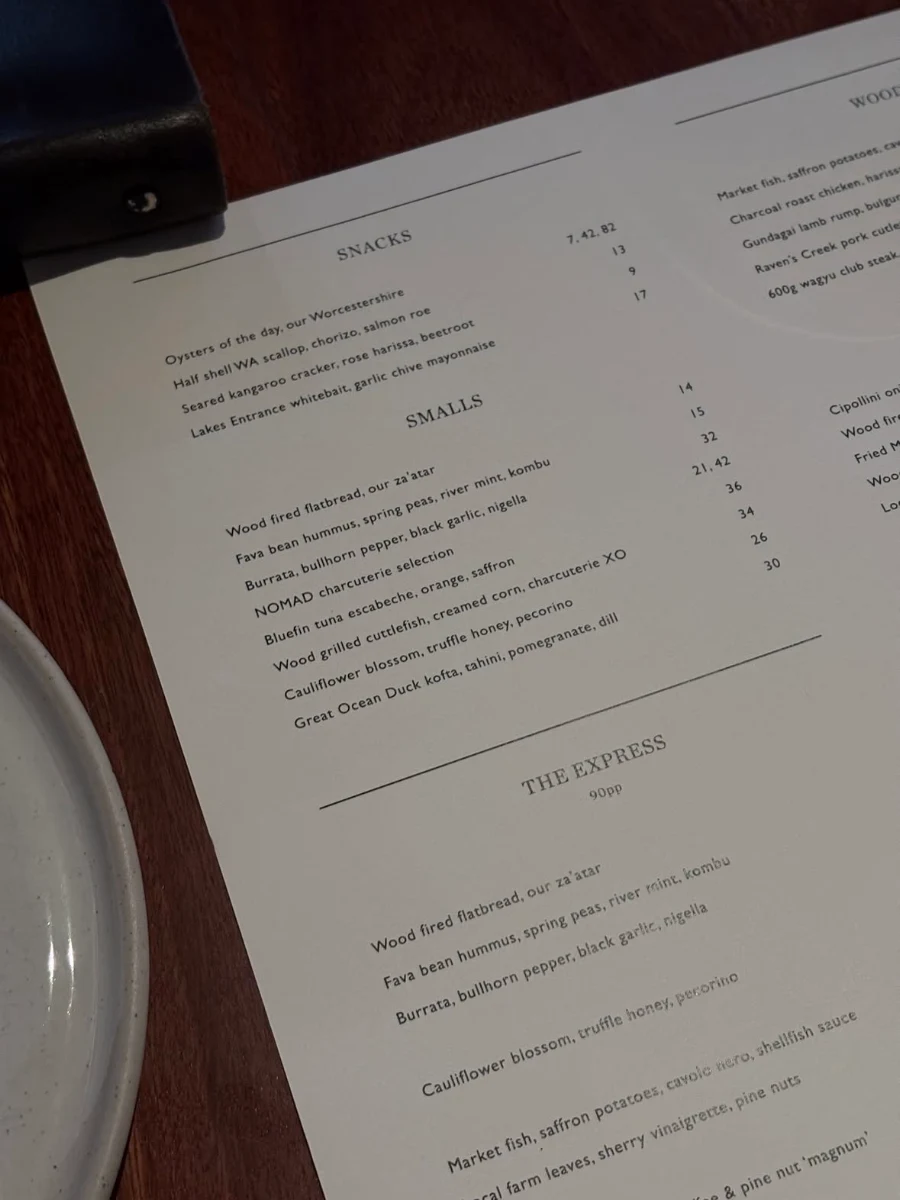 Menu, NOMAD Melbourne