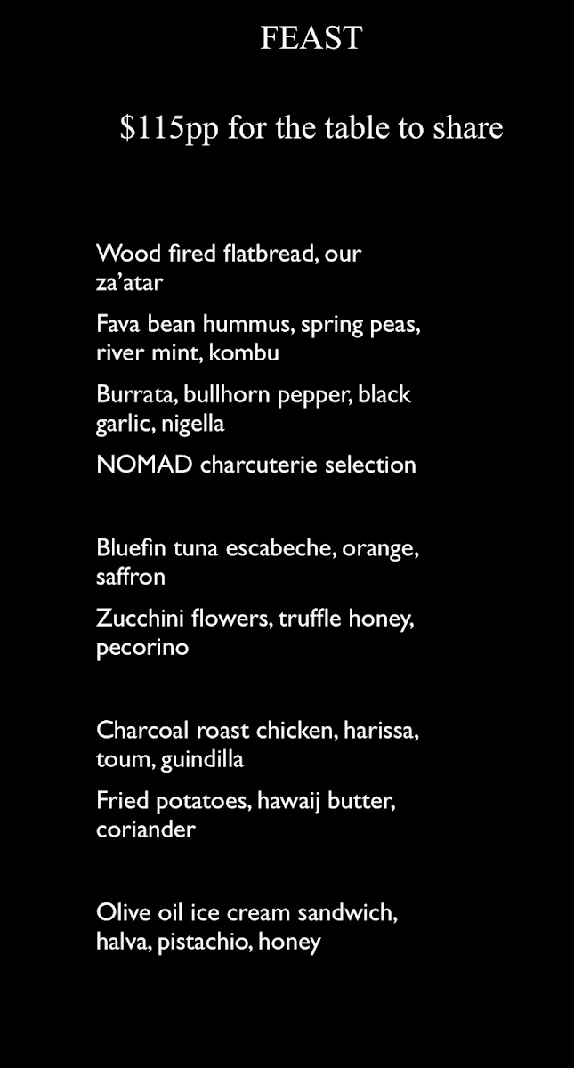 Menu, NOMAD Melbourne
