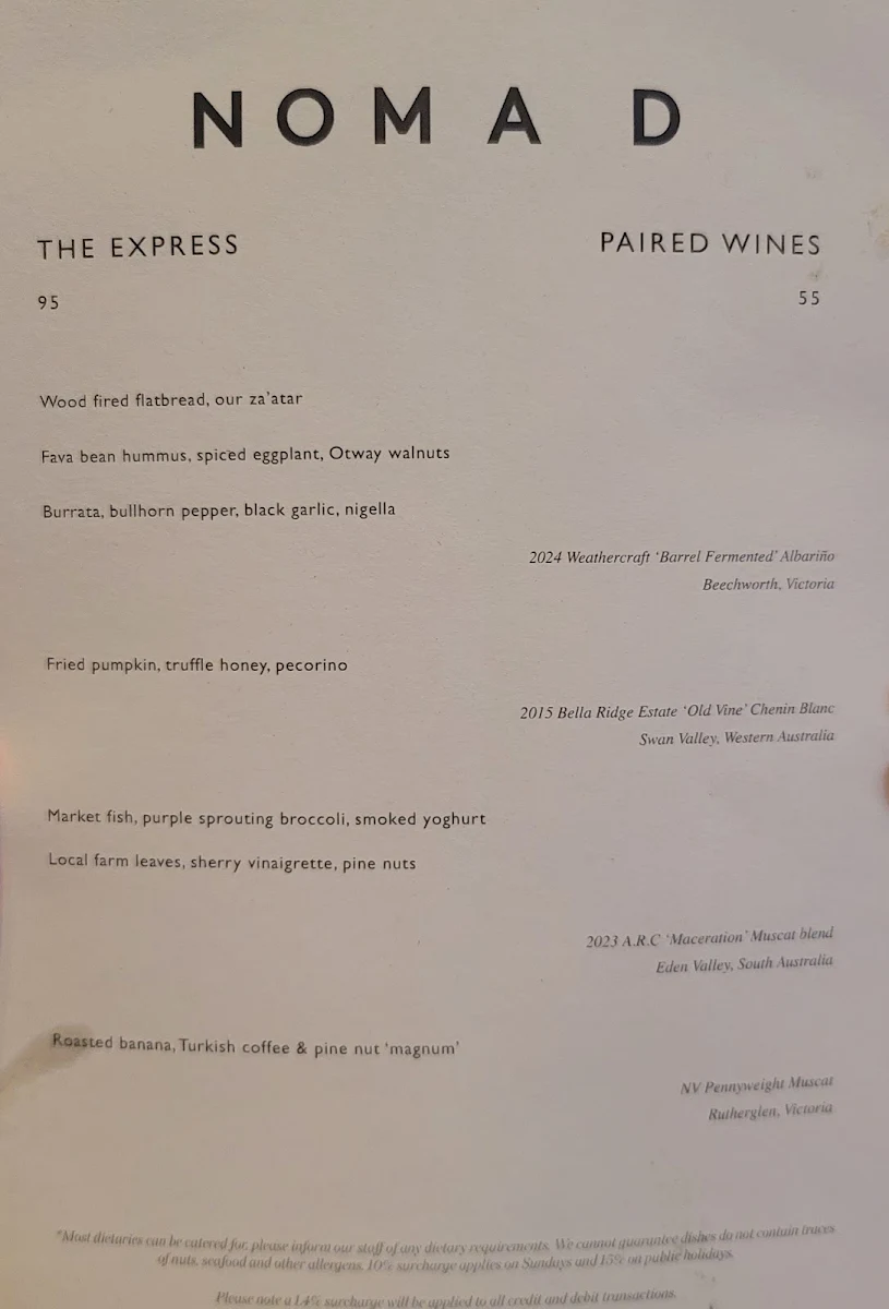 Menu, NOMAD Melbourne