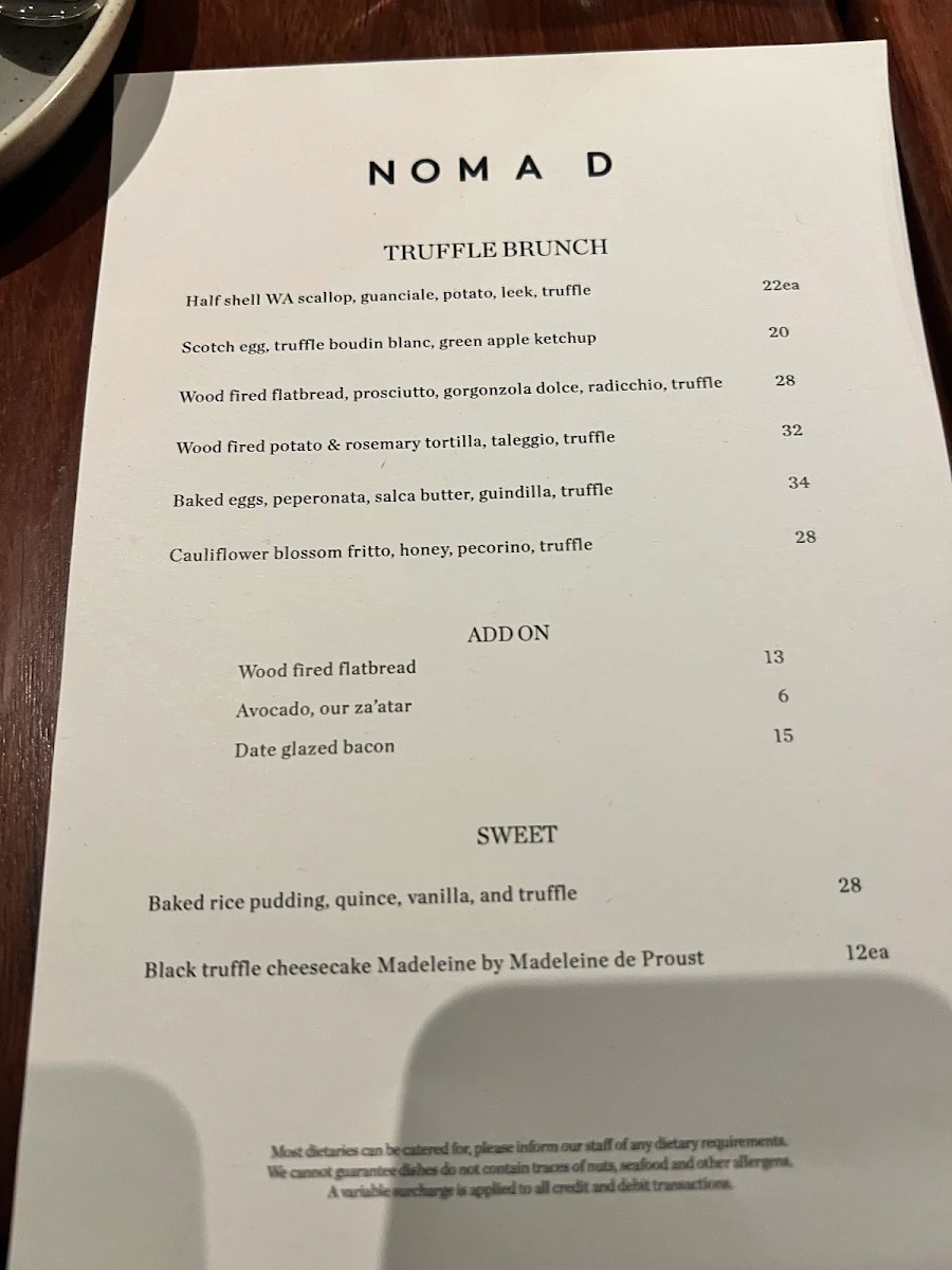 Menu, NOMAD Melbourne
