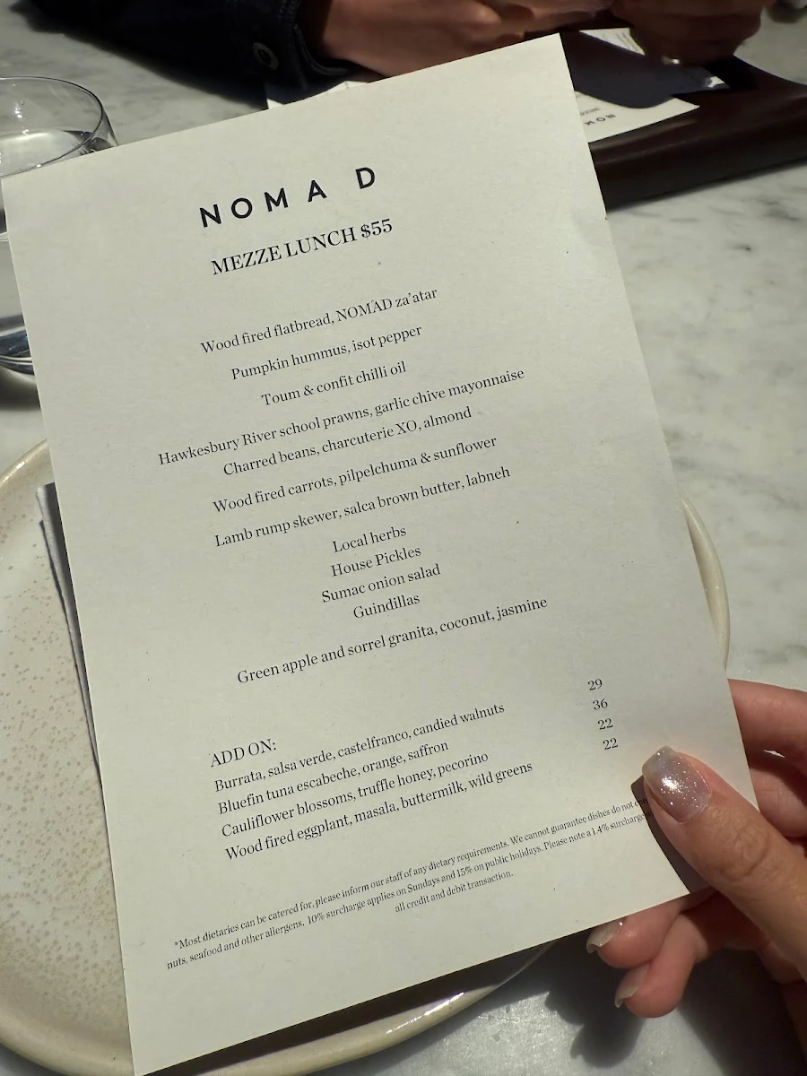 Menu, NOMAD Melbourne