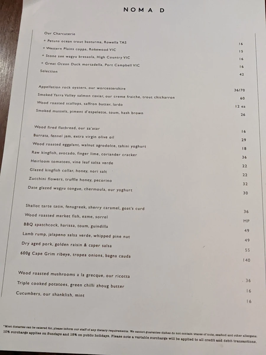 Menu, NOMAD Melbourne