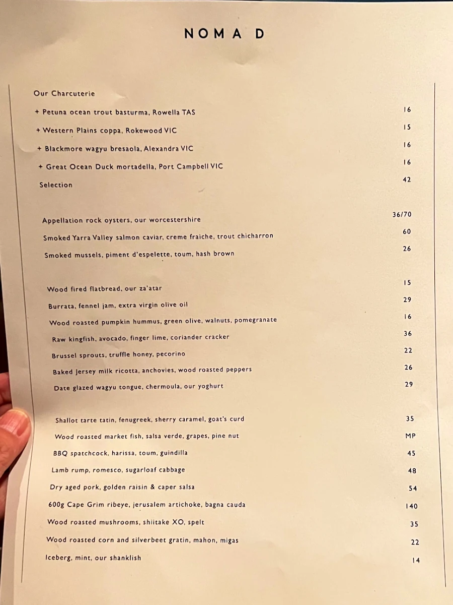 Menu, NOMAD Melbourne