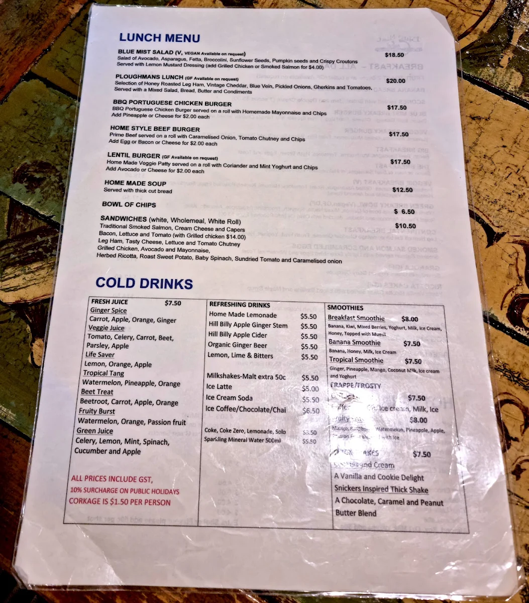 Menu, Blue Mist Cafe