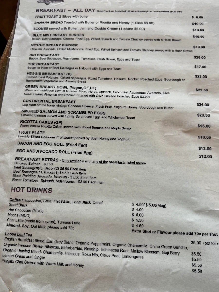 Menu, Blue Mist Cafe