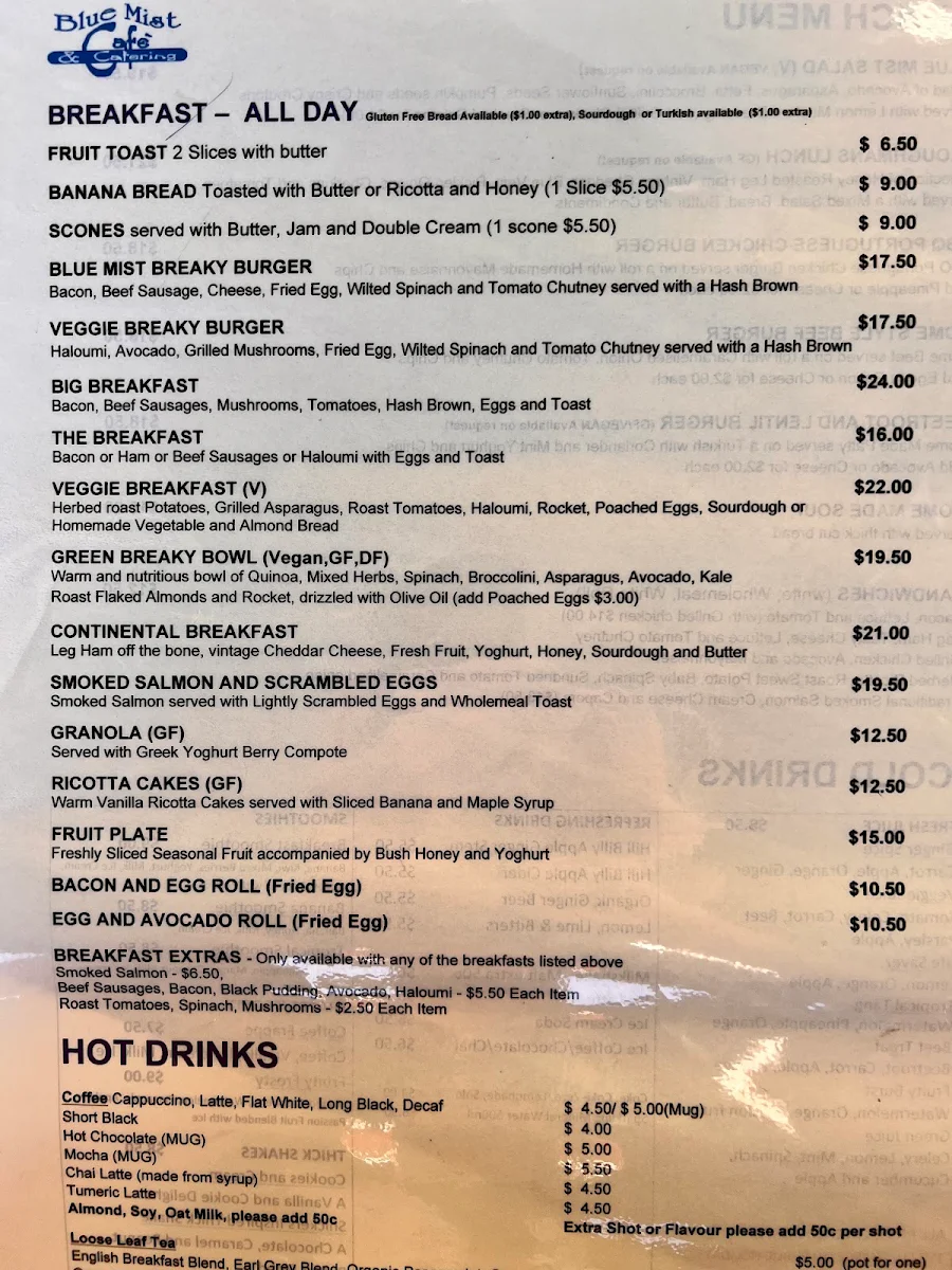 Menu, Blue Mist Cafe