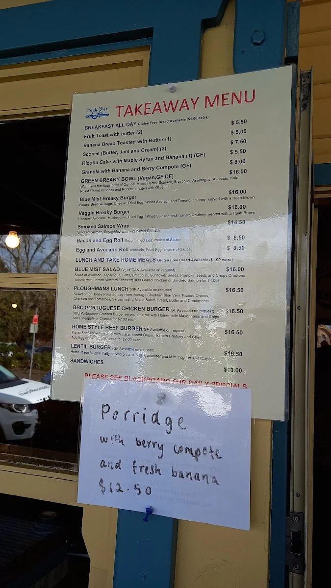 Menu, Blue Mist Cafe