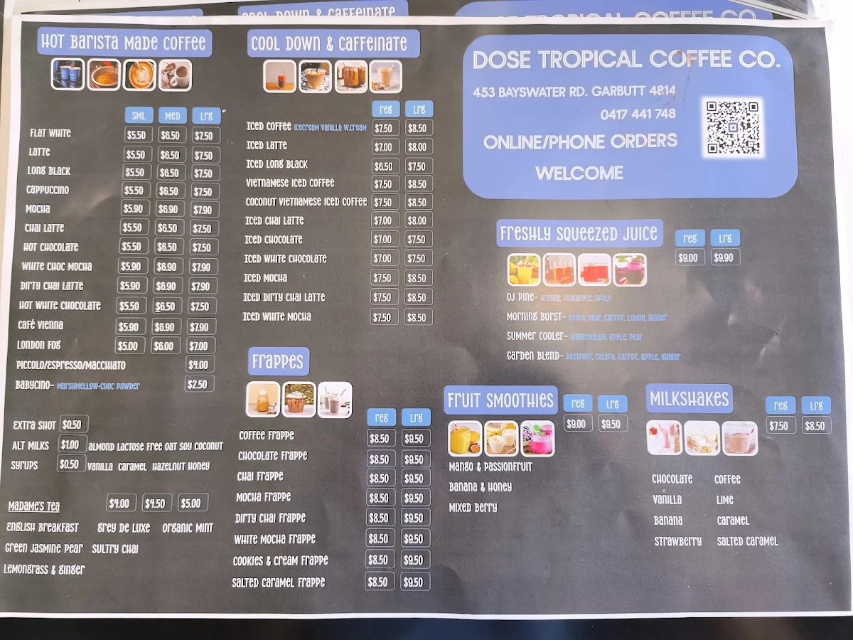 Menu, Dose Tropical Coffee Co. Bayswater