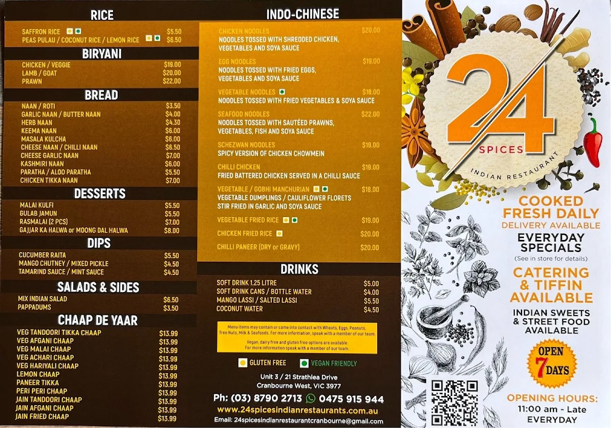 Menu, 24 Spices Indian Restaurant - Cranbourne