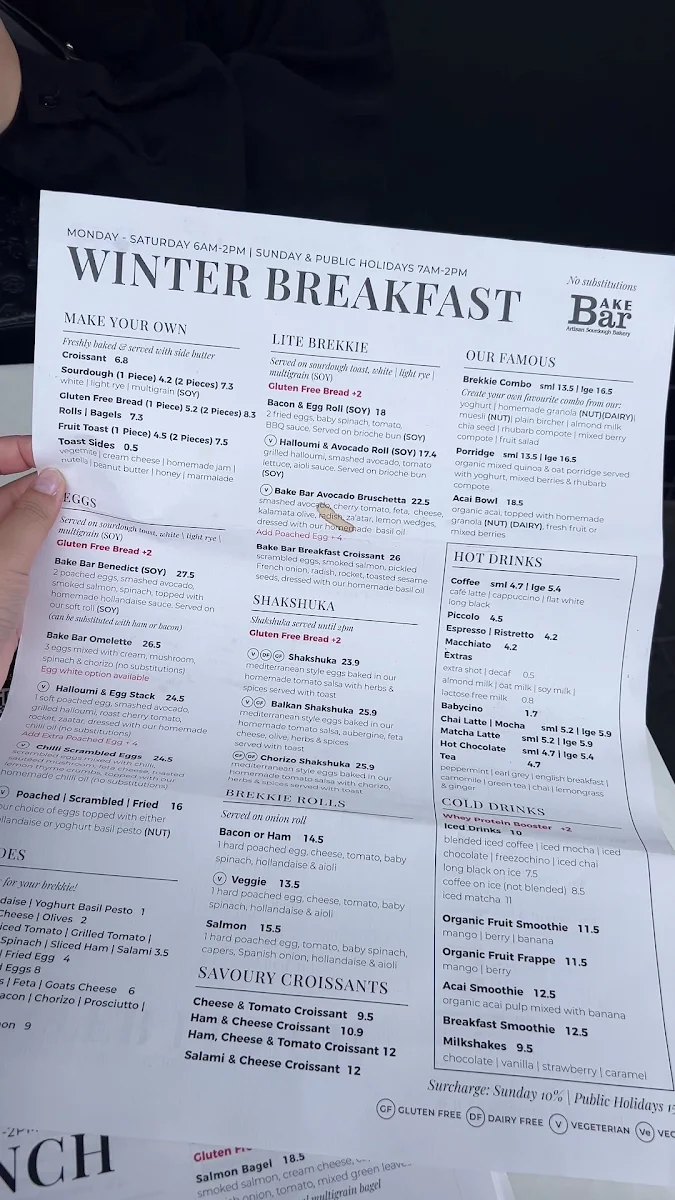 Menu, Bake Bar