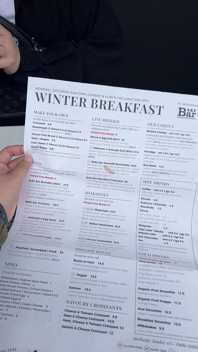 Menu, Bake Bar