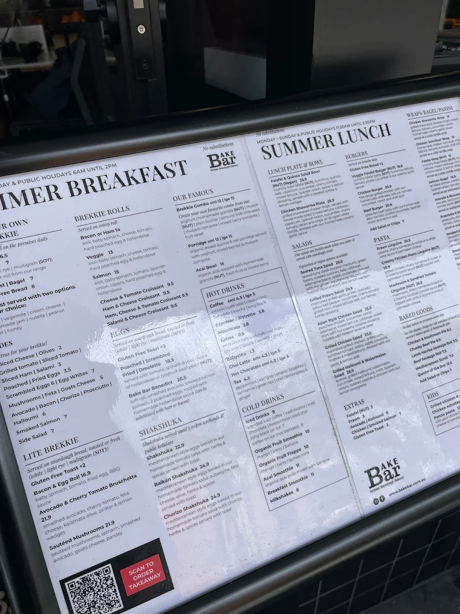 Menu, Bake Bar