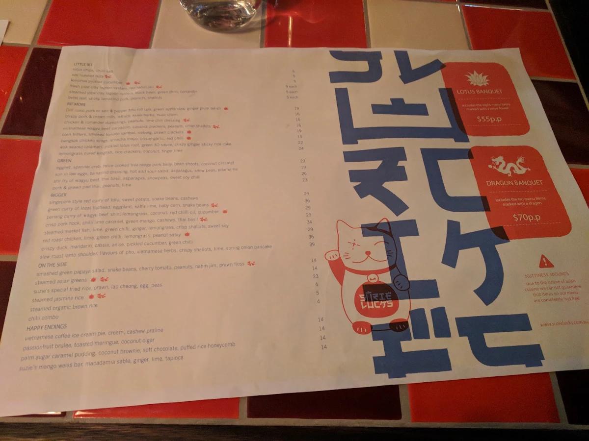 Menu, Suzie Luck's Restaurant & Bar